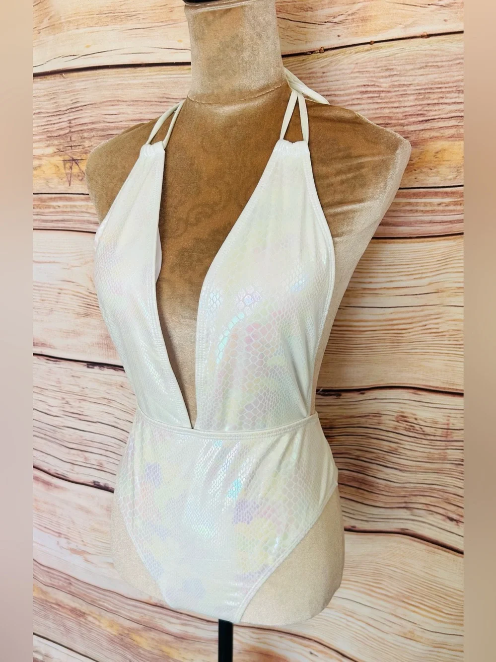 SHEIN White Snakeskin Print Iridescence Plunging One-Piece Swim Suit L NWT